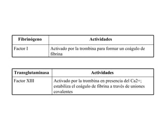 Activado por la trombina para formar un coágulo de fibrina  Factor I  Actividades  Fibrinógeno  Activado por la trombina en presencia del Ca2+; estabiliza el coágulo de fibrina a través de uniones covalentes  Factor XIII Actividades  Transglutaminasa  