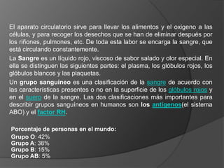 El aparato circulatorio sirve para llevar los alimentos y el oxigeno a las células, y para recoger los desechos que se han de eliminar después por los riñones, pulmones, etc. De toda esta labor se encarga la sangre, que está circulando constantemente.La Sangre es un líquido rojo, viscoso de sabor salado y olor especial. En ella se distinguen las siguientes partes: el plasma, los glóbulos rojos, los glóbulos blancos y las plaquetas.Un grupo sanguíneo es una clasificación de la sangre de acuerdo con las características presentes o no en la superficie de los glóbulos rojos y en el suero de la sangre. Las dos clasificaciones más importantes para describir grupos sanguíneos en humanos son los antígenos(el sistema ABO) y el factor RH.Porcentaje de personas en el mundo:Grupo O: 42%Grupo A: 38%Grupo B: 15% Grupo AB: 5%