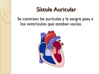 Sístole Auricular Se contraen las aurículas y la sangre pasa a los ventrículos que estaban vacíos.  