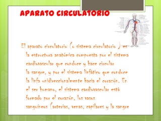 Aparato circulatorio


El aparato circulatorio (o sistema circulatorio ) es
  la estructura anatómica compuesta por el sistema
  cardiovascular que conduce y hace circular
  la sangre, y por el sistema linfático que conduce
  la linfa unidireccionalmente hacia el corazón. En
  el ser humano, el sistema cardiovascular está
  formado por el corazón, los vasos
  sanguíneos (arterias, venas, capilares y la sangre)
 