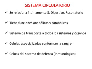 SISTEMA CIRCULATORIO
 Se relaciona íntimamente S. Digestivo, Respiratorio

 Tiene funciones anabólicas y catabólicas

 Sistema de transporte a todos los sistemas y órganos

 Celulas especializadas conforman la sangre

 Celuas del sistema de defensa (Inmunologico)
 