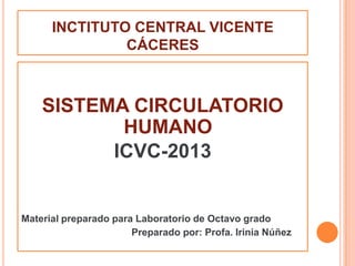 INCTITUTO CENTRAL VICENTE
CÁCERES
SISTEMA CIRCULATORIO
HUMANO
ICVC-2013
Material preparado para Laboratorio de Octavo grado
Preparado por: Profa. Irinia Núñez
 