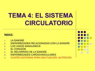 TEMA 4: EL SISTEMA
CIRCULATORIO
ÍNDICE:
1. LA SANGRE
2. ENFERMEDADES RELACIONADAS CON LA SANGRE
3. LOS VASOS SANGUINEOS
4. EL CORAZÓN
5. EL RECORRIDO DE LA SANGRE
6. ENFERMEDADES CARDIOVASCULARES
7. CUATRO SISTEMAS PARA UNA FUNCIÓN: NUTRICIÓN
 