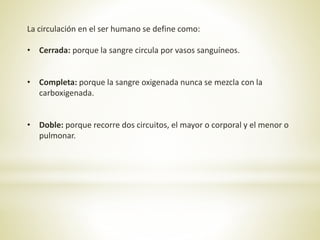 La circulación en el ser humano se define como:
• Cerrada: porque la sangre circula por vasos sanguíneos.
• Completa: porque la sangre oxigenada nunca se mezcla con la
carboxigenada.
• Doble: porque recorre dos circuitos, el mayor o corporal y el menor o
pulmonar.
 