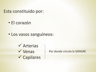 Esta constituido por:
• El corazón
• Los vasos sanguíneos:
 Arterias
 Venas
 Capilares
Por donde circula la SANGRE
 