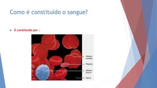 Como é constituído o sangue?
 É constituído por :
 
