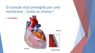 O coração está protegido por uma
membrana . Como se chama ?
 Pericárdio
 