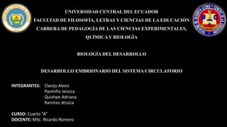 UNIVERSIDAD CENTRAL DEL ECUADOR
FACULTAD DE FILOSOFÍA, LETRAS Y CIENCIAS DE LA EDUCACIÓN
CARRERA DE PEDAGOGÍA DE LAS CIENCIAS EXPERIMENTALES,
QUÍMICAY BIOLOGÍA
BIOLOGÍA DEL DESARROLLO
DESARROLLO EMBRIONARIO DEL SISTEMA CIRCULATORIO
INTEGRANTES: Clavijo Alexis
Pazmiño Jessica
Quishpe Adriana
Ramírez Jéssica
CURSO: Cuarto “A”
DOCENTE: MSc. Ricardo Romero
 