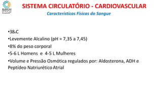 •38oC
•Levemente Alcalino (pH = 7,35 a 7,45)
•8% do peso corporal
•5-6 L Homens e 4-5 L Mulheres
•Volume e Pressão Osmótica regulados por: Aldosterona, ADH e
Peptídeo Natriurético Atrial
Características Físicas do Sangue
SISTEMA CIRCULATÓRIO - CARDIOVASCULAR
 