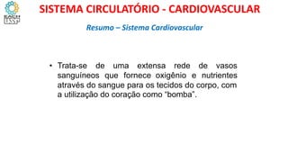 • Trata-se de uma extensa rede de vasos
sanguíneos que fornece oxigênio e nutrientes
através do sangue para os tecidos do corpo, com
a utilização do coração como “bomba”.
Resumo – Sistema Cardiovascular
SISTEMA CIRCULATÓRIO - CARDIOVASCULAR
 