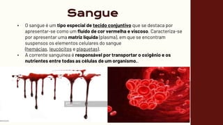 Sangue
• O sangue é um tipo especial de tecido conjuntivo que se destaca por
apresentar-se como um fluído de cor vermelha e viscoso. Caracteriza-se
por apresentar uma matriz líquida (plasma), em que se encontram
suspensos os elementos celulares do sangue
(hemácias, leucócitos e plaquetas).
• A corrente sanguínea é responsável por transportar o oxigênio e os
nutrientes entre todas as células de um organismo..
 