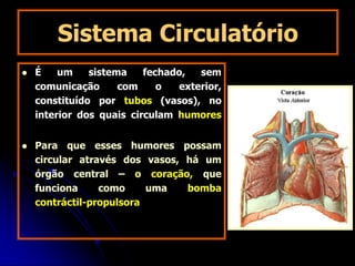 Sistema Circulatório
 É um sistema fechado, sem
comunicação com o exterior,
constituído por tubos (vasos), no
interior dos quais circulam humores
(sangue e linfa)
 Para que esses humores possam
circular através dos vasos, há um
órgão central – o coração, que
funciona como uma bomba
contráctil-propulsora
 