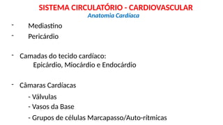 - Mediastino
- Pericárdio
- Camadas do tecido cardíaco:
Epicárdio, Miocárdio e Endocárdio
- Câmaras Cardíacas
- Válvulas
- Vasos da Base
- Grupos de células Marcapasso/Auto-rítmicas
Anatomia Cardíaca
SISTEMA CIRCULATÓRIO - CARDIOVASCULAR
 