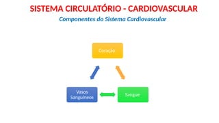Componentes do Sistema Cardiovascular
Coração
Sangue
Vasos
Sanguíneos
SISTEMA CIRCULATÓRIO - CARDIOVASCULAR
 