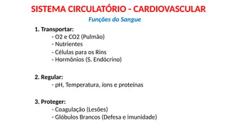 1. Transportar:
- O2 e CO2 (Pulmão)
- Nutrientes
- Células para os Rins
- Hormônios (S. Endócrino)
2. Regular:
- pH, Temperatura, íons e proteínas
3. Proteger:
- Coagulação (Lesões)
- Glóbulos Brancos (Defesa e imunidade)
Funções do Sangue
SISTEMA CIRCULATÓRIO - CARDIOVASCULAR
 