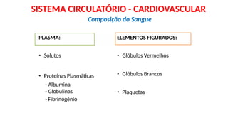 PLASMA:
• Solutos
• Proteínas Plasmáticas
- Albumina
- Globulinas
- Fibrinogênio
ELEMENTOS FIGURADOS:
• Glóbulos Vermelhos
• Glóbulos Brancos
• Plaquetas
Composição do Sangue
SISTEMA CIRCULATÓRIO - CARDIOVASCULAR
 
