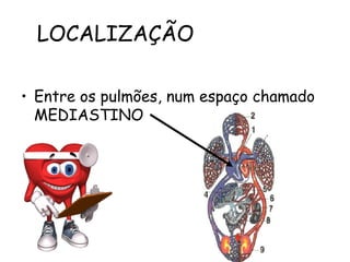 LOCALIZAÇÃO
• Entre os pulmões, num espaço chamado
MEDIASTINO
 