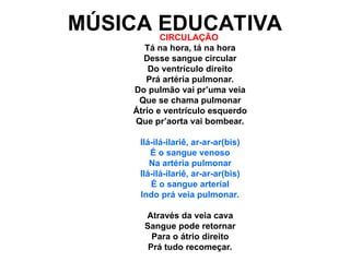 MÚSICA EDUCATIVA
CIRCULAÇÃO
Tá na hora, tá na hora
Desse sangue circular
Do ventrículo direito
Prá artéria pulmonar.
Do pulmão vai pr’uma veia
Que se chama pulmonar
Átrio e ventrículo esquerdo
Que pr’aorta vai bombear.
Ilá-ilá-ilariê, ar-ar-ar(bis)
É o sangue venoso
Na artéria pulmonar
Ilá-ilá-ilariê, ar-ar-ar(bis)
É o sangue arterial
Indo prá veia pulmonar.
Através da veia cava
Sangue pode retornar
Para o átrio direito
Prá tudo recomeçar.
 