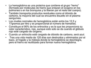 La hemoglobina es una proteína que contiene el grupo “hemo” (formado por moléculas de hierro que enlazan el oxígeno en los pulmones o en los bronquios y la liberan por el resto del cuerpo). También transporta productos residuales como el dióxido de carbono, la mayoría del cual se encuentra disuelto en el plasma sanguíneo. Los niveles normales de hemoglobina están entre los 12,5 y 17gramos por litro y es proporcional al número de hematíes. Constituye el 90% de los eritrocitos y es la que les proporciona su color característico, rojo, aunque esto solo se da cuando el glóbulo rojo esté cargado de oxígeno. Cuando un eritrocito esté cargado de dióxido de carbono, será azul. Tras una vida media de 120 días son destruidos y eliminados por el bazo, el hígado y la médula donde la hemoglobina se desintegra, pero el hierro es reutilizado para formar nueva hemoglobina.