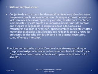 Sistema cardiovascular: Conjunto de estructuras, fundamentalmente el corazón y los vasos sanguíneos que bombean y conducen la sangre a través del cuerpo. Incluyen miles de vasos capilares y vénulas, es vital para mantener la homeostasis y está sujeto a numerosos mecanismos de control  que asegura la llegada de la sangre a la tasa adecuada a las estructuras que más la necesitan, aporta también nutrientes y otros materiales esenciales a los líquidos que rodean la célula y retira los productos de desecho conduciéndolo a los órganos excretores, como riñones e intestinos.  Funciona con estrecha asociación con el aparato respiratorio que trasporta el oxigeno inhalado en los pulmones hacia los tejidos y el Dióxido de carbono procedente de estos para su expiración a los alveolos. 17/10/20114ESCUELA COLOMBIANA DE CARRERAS INDUSTRIALES