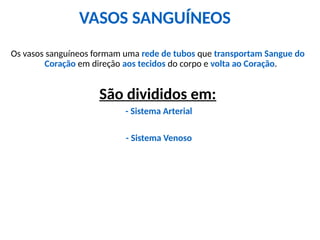 Os vasos sanguíneos formam uma rede de tubos que transportam Sangue do
Coração em direção aos tecidos do corpo e volta ao Coração.
São divididos em:
- Sistema Arterial
- Sistema Venoso
VASOS SANGUÍNEOS
 