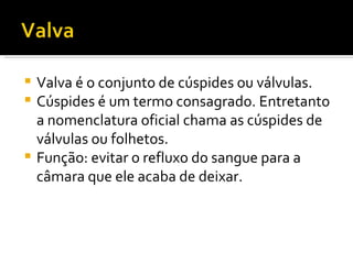 Valva é o conjunto de cúspides ou válvulas.  Cúspides é um termo consagrado. Entretanto a nomenclatura oficial chama as cúspides de válvulas ou folhetos.  Função: evitar o refluxo do sangue para a câmara que ele acaba de deixar. 