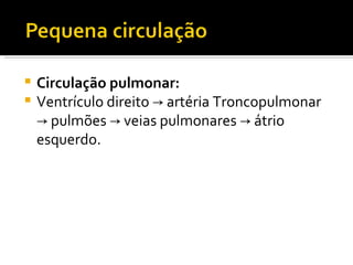 Circulação pulmonar: Ventrículo direito  ->  artéria Troncopulmonar  ->  pulmões  ->  veias pulmonares  ->  átrio esquerdo. 