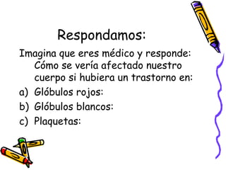 Respondamos:
Imagina que eres médico y responde:
Cómo se vería afectado nuestro
cuerpo si hubiera un trastorno en:
a) Glóbulos rojos:
b) Glóbulos blancos:
c) Plaquetas:
 