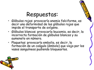 Respuestas:
• Glóbulos rojos: provocaría anemia falciforme, es
decir una deformidad de los glóbulos rojos que
impide el transporte de oxígeno.
• Glóbulos blancos: provocaría leucemia, es decir, la
incorrecta formación de glóbulos blancos y su
aumeneto en número.
• Plaquetas: provocaría embolia, es decir, la
formación de un coágulo (émbolo) que viaja por los
vasos sanguíneos pudiendo bloquearlos.
 