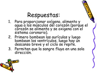 Respuestas:
1. Para proporcionar oxígeno, alimento y
agua a los músculos del corazón (porque el
corazón se alimenta y se oxigena con el
sistema coronario).
2. Primero bombean las aurículas y luego
bombean los ventrículos, luego hay un
descanso breve y el ciclo se repite.
3. Permiten que la sangre fluya en una sola
dirección.
 