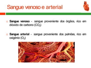 Sangue venosoe arterial
 Sangue venoso – sangue proveniente dos órgãos, rico em
dióxido de carbono (CO2)
 Sangue arterial – sangue proveniente dos pulmões, rico em
oxigénio (O2)
 