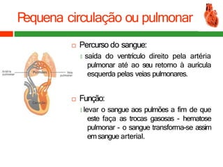 P
equena circulação ou pulmonar
 Percurso do sangue:
🞑 saída do ventrículo direito pela artéria
pulmonar até ao seu retorno à aurícula
esquerda pelas veias pulmonares.
 Função:
🞑 levar o sangue aos pulmões a fim de que
este faça as trocas gasosas - hematose
pulmonar - o sangue transforma-se assim
emsangue arterial.
 