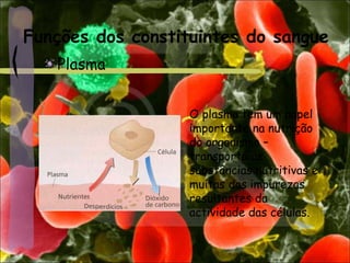 Funções dos constituintes do sangue
Plasma
O plasma tem um papel
importante na nutrição
do organismo –
transporta as
substâncias nutritivas e
muitas das impurezas
resultantes da
actividade das células.
 