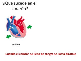Cuando el corazón se llena de sangre se llama diástole
¿Que sucede en el
corazón?
 