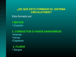 ¿DE QUÉ ESTÁ FORMADO EL SISTEMA
             CIRCULATORIO?
Esta formado por:

1.MOTOR
• Corazón

2. CONDUCTOS O VASOS SANGUÍNEOS:
•Arterias
•Venas
•Capilares

 3. FLUIDO
• Sangre
 