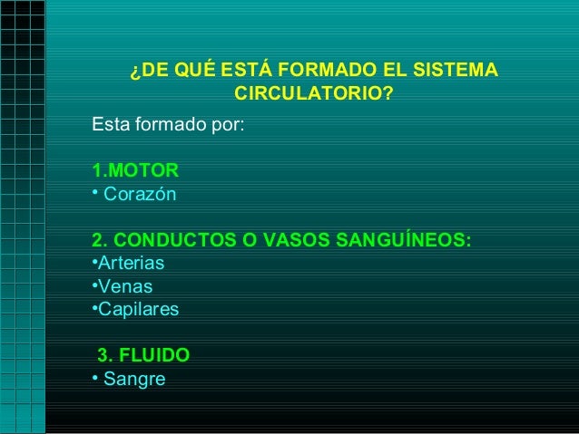 ¿DE QUÉ ESTÁ FORMADO EL SISTEMA CIRCULATORIO?Esta formado por:1.MOTOR• Corazón2. CONDUCTOS O VASOS SANGUÍNEOS:...