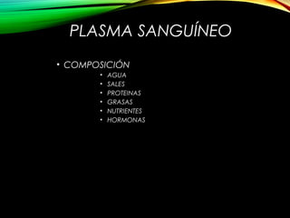 PLASMA SANGUÍNEO
• COMPOSICIÓN
• AGUA
• SALES
• PROTEINAS
• GRASAS
• NUTRIENTES
• HORMONAS
 