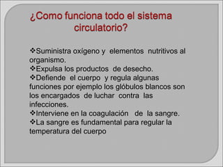 Suministra oxígeno y  elementos  nutritivos al organismo. Expulsa los productos  de desecho. Defiende  el cuerpo  y regula algunas funciones por ejemplo los glóbulos blancos son  los encargados  de luchar  contra  las infecciones. Interviene en la coagulación  de  la sangre. La sangre es fundamental para regular la temperatura del cuerpo 