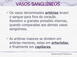 VASOS SANGUÍNEOS
Os vasos denominados artérias levam
o sangue para fora do coração.
Resistem a grandes pressões internas,
quando comparadas aos demais vasos
sangüíneos.

As artérias maiores se dividem em
artérias menores, estas em arteríolas,
e finalmente em capilares.
                          Daniel Alves Ferreira Jr.
 
