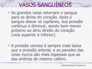 VASOS SANGUÍNEOS
As grandes veias retornam o sangue
para os átrios do coração. Após o
sangue deixar os capilares, sua pressão
continua a diminuir, sendo bem menor
próximo ao átrio direito do coração
(veia superior e inferior).

A pressão venosa é sempre mais baixa
que a pressão arterial, e as paredes das
veias nunca são mais espessas que as
das artérias de mesmo calibre.
                           Daniel Alves Ferreira Jr.
 