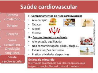 Saúde cardiovascular
   Sistema       I - Comportamentos de risco cardiovascular
 circulatório    • Alimentação




                                                                           Várias em: http://www.freedigitalphotos.net/
   Sangue        • Tabaco
                 • Álcool
   Coração       • Stresse
                 II – Comportamentos saudáveis
     Vasos       • Alimentação equilibrada
 sanguíneos      • Não consumir: tabaco, álcool, drogas…
  Circulação     • Evitar situações de stresse
  sanguínea      • Praticar atividades desportivas
    Saúde
                 Enfarte do miocárdio
cardiovascular   Interrupção da circulação nos vasos sanguíneos que
                 irrigam o coração. Morte do músculo cardíaco.
                                                                      11
 