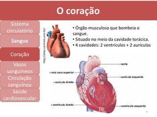 O coração
   Sistema
                                                    • Órgão musculoso que bombeia o


                 http://atlas.centralx.com.br/
 circulatório                                       sangue.
   Sangue                                           • Situado no meio da cavidade torácica.
                                                    • 4 cavidades: 2 ventrículos + 2 aurículas
   Coração
     Vasos
 sanguíneos
  Circulação
  sanguínea
    Saúde
cardiovascular

                                                                                           6
 