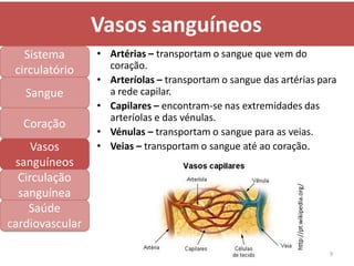 Vasos sanguíneos
   Sistema       • Artérias – transportam o sangue que vem do
 circulatório      coração.
                 • Arteríolas – transportam o sangue das artérias para
   Sangue          a rede capilar.
                 • Capilares – encontram-se nas extremidades das
                   arteríolas e das vénulas.
   Coração
                 • Vénulas – transportam o sangue para as veias.
     Vasos       • Veias – transportam o sangue até ao coração.
 sanguíneos
  Circulação




                                                             http://pt.wikipedia.org/
  sanguínea
    Saúde
cardiovascular

                                                                                        9
 
