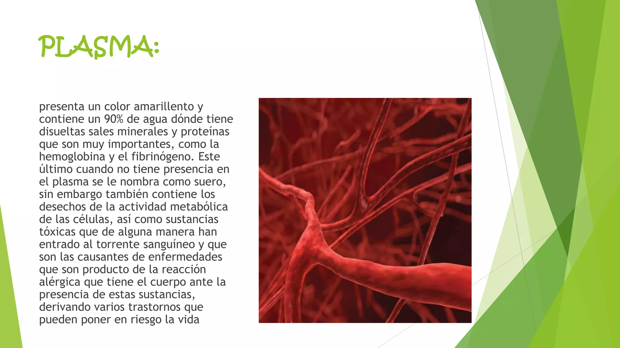PLASMA: 
presenta un color amarillento y 
contiene un 90% de agua dónde tiene 
disueltas sales minerales y proteínas 
que son muy importantes, como la 
hemoglobina y el fibrinógeno. Este 
último cuando no tiene presencia en 
el plasma se le nombra como suero, 
sin embargo también contiene los 
desechos de la actividad metabólica 
de las células, así como sustancias 
tóxicas que de alguna manera han 
entrado al torrente sanguíneo y que 
son las causantes de enfermedades 
que son producto de la reacción 
alérgica que tiene el cuerpo ante la 
presencia de estas sustancias, 
derivando varios trastornos que 
pueden poner en riesgo la vida 
 