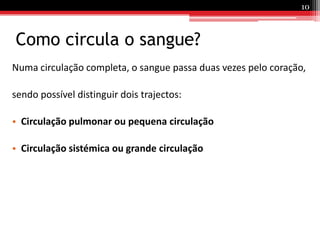 Como circula o sangue?Numa circulação completa, o sangue passa duas vezes pelo coração, sendo possível distinguir dois trajectos:Circulação pulmonar ou pequena circulaçãoCirculação sistémica ou grande circulação10