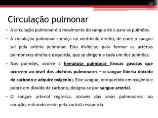 Circulação pulmonarA circulação pulmonar é o movimento do sangue de e para os pulmões. A circulação pulmonar começa no ventrículo direito, de onde o sangue sai pela artéria pulmonar. Esta divide-se para formar as artérias pulmonares direita e esquerda, que se dirigem a cada um dos pulmões. Nos pulmões, ocorre a hematose pulmonar(trocas gasosas que ocorrem ao nível dos alvéolos pulmonares – o sangue liberta dióxido de carbono e adquire oxigénio). Este sangue, enriquecido em oxigénio e pobre em dióxido de carbono, designa-se por sangue arterial.O sangue arterial regressa, através das veias pulmonares, ao coração, entrando neste pela aurícula esquerda.12