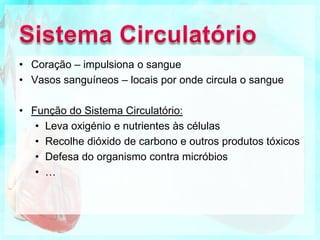 Sistema CirculatórioCoração – impulsiona o sangueVasos sanguíneos – locais por onde circula o sangueFunção do Sistema Circulatório:Leva oxigénio e nutrientes às célulasRecolhe dióxido de carbono e outros produtos tóxicosDefesa do organismo contra micróbios…