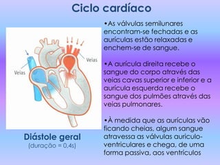 Ciclo cardíaco
                    •As válvulas semilunares
                    encontram-se fechadas e as
                    aurículas estão relaxadas e
                    enchem-se de sangue.

                    •A aurícula direita recebe o
                    sangue do corpo através das
                    veias cavas superior e inferior e a
                    aurícula esquerda recebe o
                    sangue dos pulmões através das
                    veias pulmonares.

                    •À medida que as aurículas vão
                    ficando cheias, algum sangue
Diástole geral      atravessa as válvulas auriculo-
 (duração = 0,4s)   ventriculares e chega, de uma
                    forma passiva, aos ventrículos
 