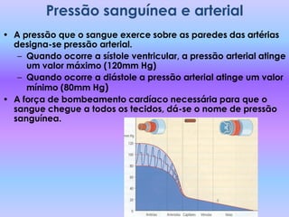 Pressão sanguínea e arterial
• A pressão que o sangue exerce sobre as paredes das artérias
  designa-se pressão arterial.
   – Quando ocorre a sístole ventricular, a pressão arterial atinge
     um valor máximo (120mm Hg)
   – Quando ocorre a diástole a pressão arterial atinge um valor
     mínimo (80mm Hg)
• A força de bombeamento cardíaco necessária para que o
  sangue chegue a todos os tecidos, dá-se o nome de pressão
  sanguínea.
 