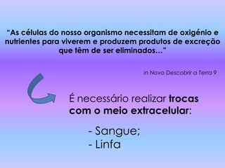 “As células do nosso organismo necessitam de oxigénio e
nutrientes para viverem e produzem produtos de excreção
               que têm de ser eliminados…”

                                   in Novo Descobrir a Terra 9



                É necessário realizar trocas
                com o meio extracelular:

                     - Sangue;
                     - Linfa
 